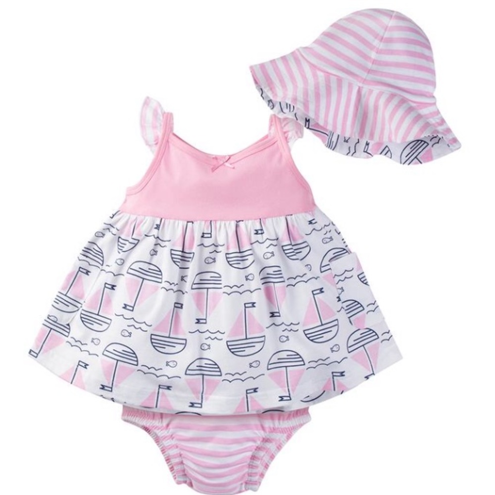 Gerber 3 pc Set - dress, bottoms, reversible hat